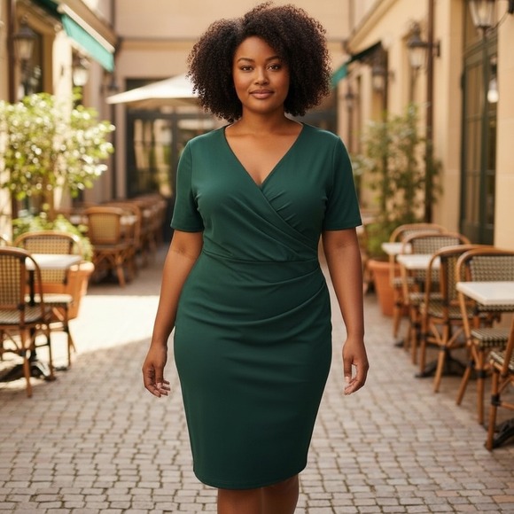 Universal Standard Dresses & Skirts - NEW Universal Standard Green V Neck Ruched Wrap Midi Dress‎ Plus Size 3XL